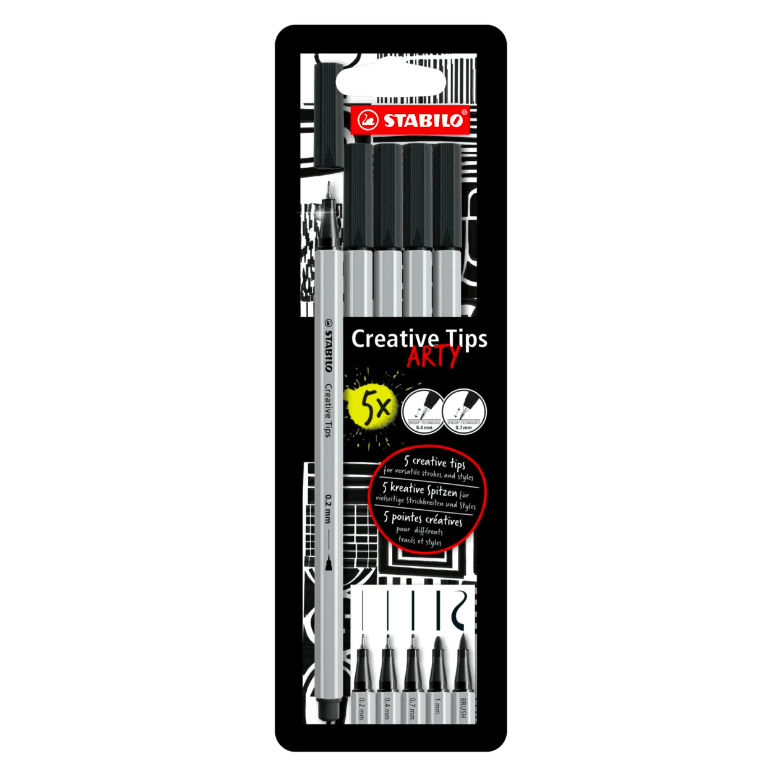 SET TIRALÍNEAS + BRUSH CREATIVE TIPS NEGRO (5UN) STABILO1