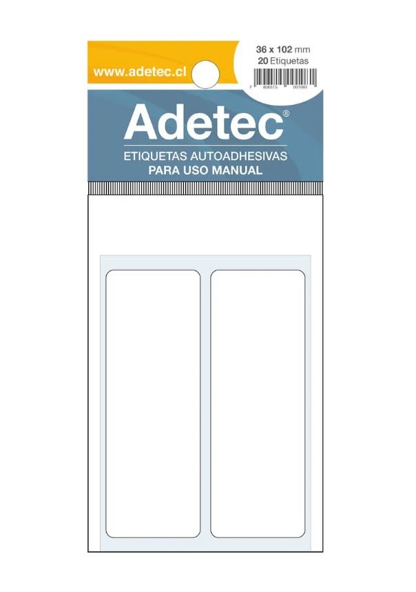 ETIQUETAS AUTOADHESIVAS BLANCA 36X102MM (20UN) PARA USO MANUAL ADETEC1