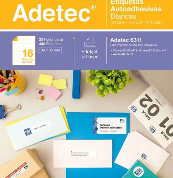 ETIQUETA AUTOADHESIVA BLANCA 106X35MM 16UN (1HJ) ADETEC1