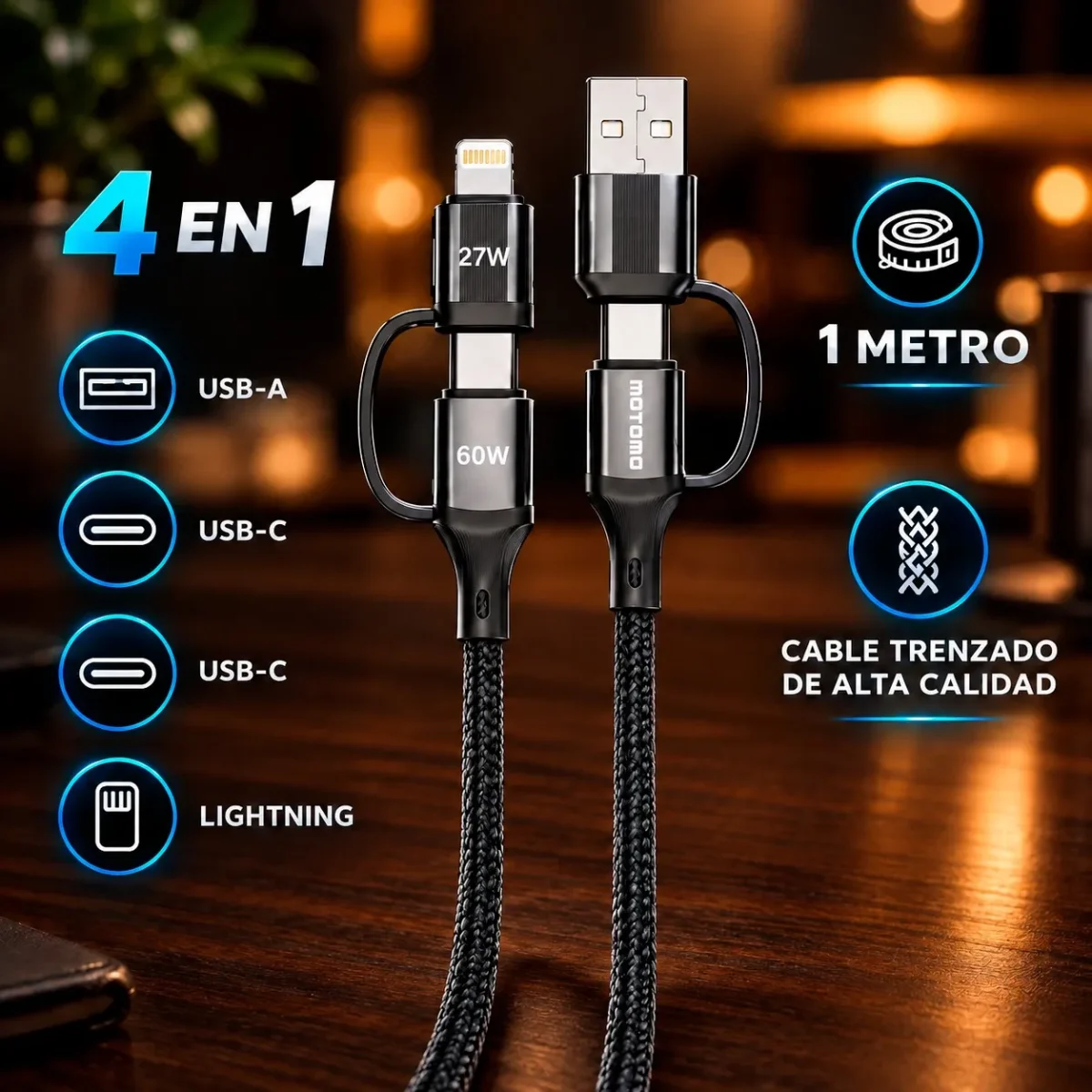 Cable 4 En 1 Motomo Usb-c Usb-a A Tipo C Lightning 60w 1m2