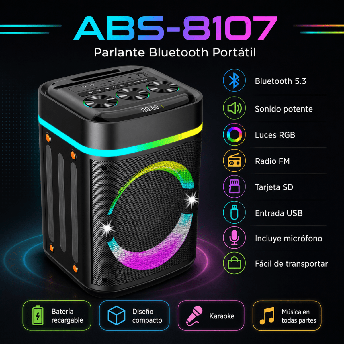 Parlante Bluetooth Karaoke ABS-8107 RGB con Microfono5