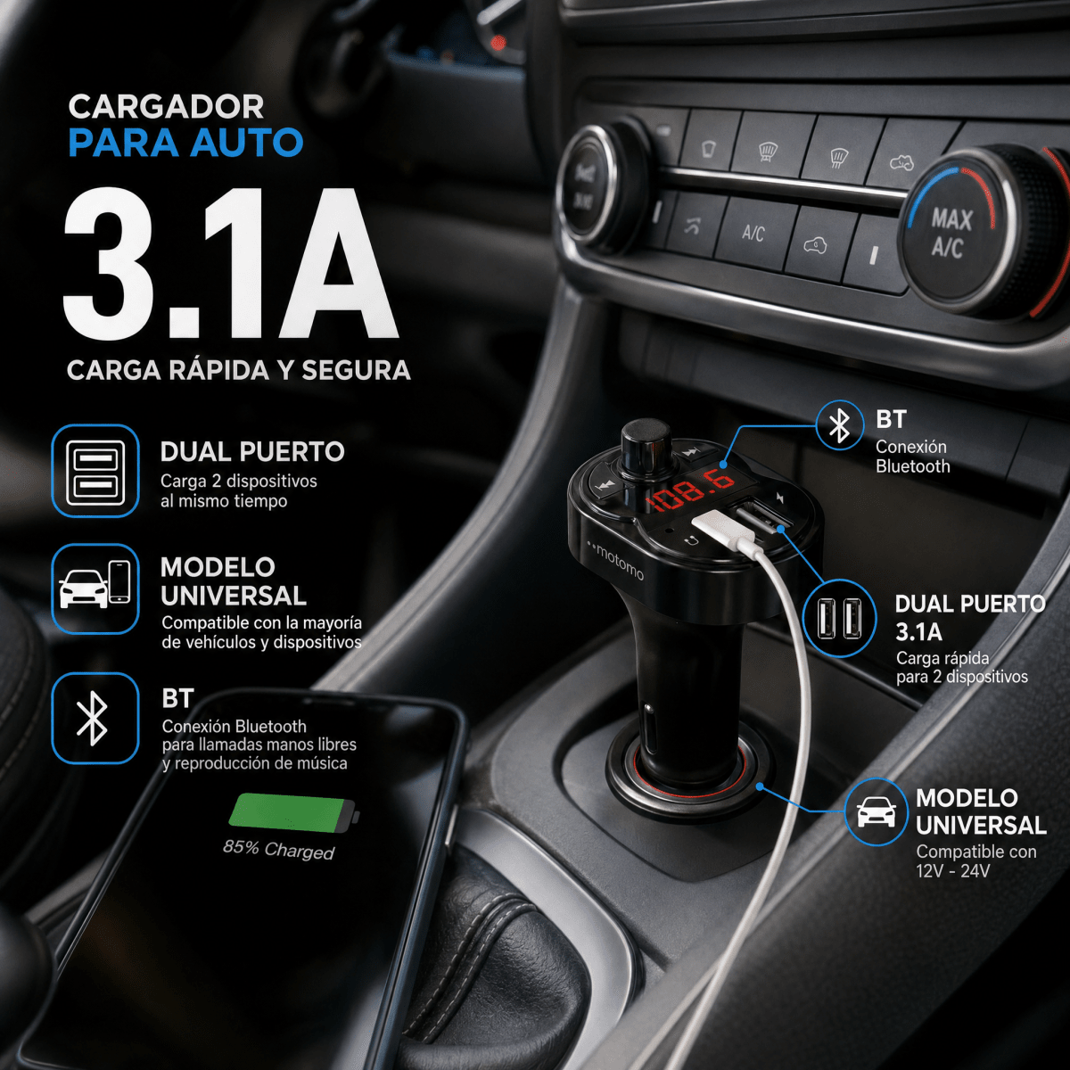 Cargador de Auto Car Kit MO-02 3.1A BT CH0064