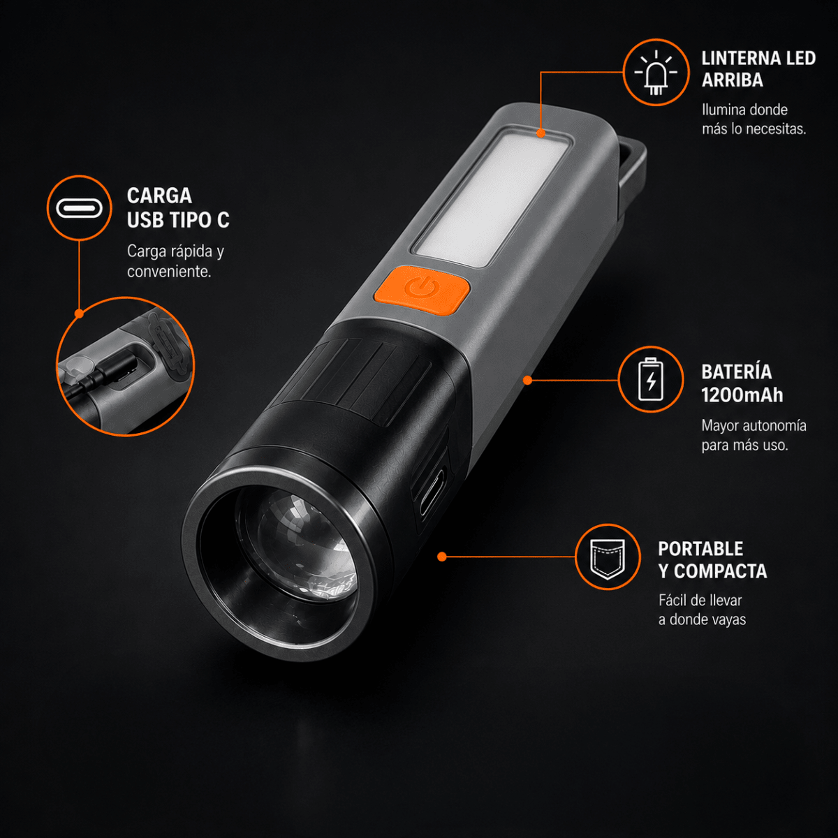 Linterna LED Recargable Carga USB Tipo C Camping5