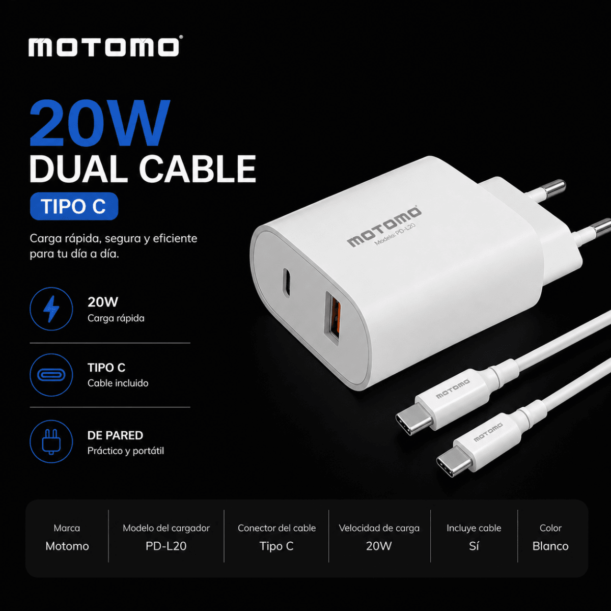 Cargador de Pared PD-L20 20W Dual Cable Tipo C4