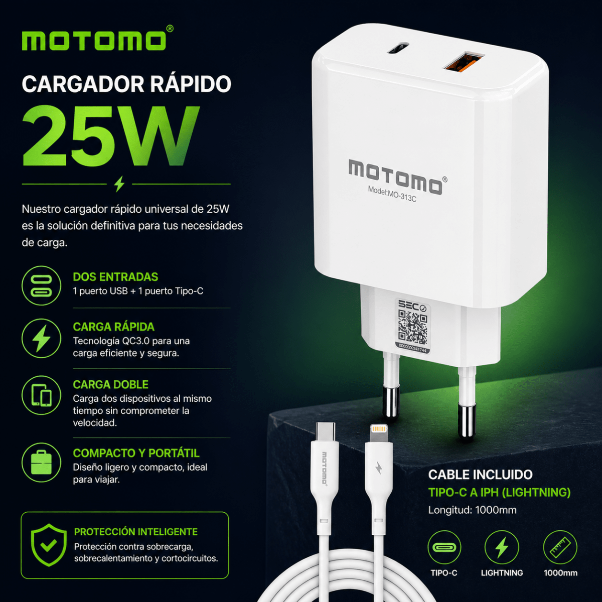Cargador MO-313C PD 25W Lightning4