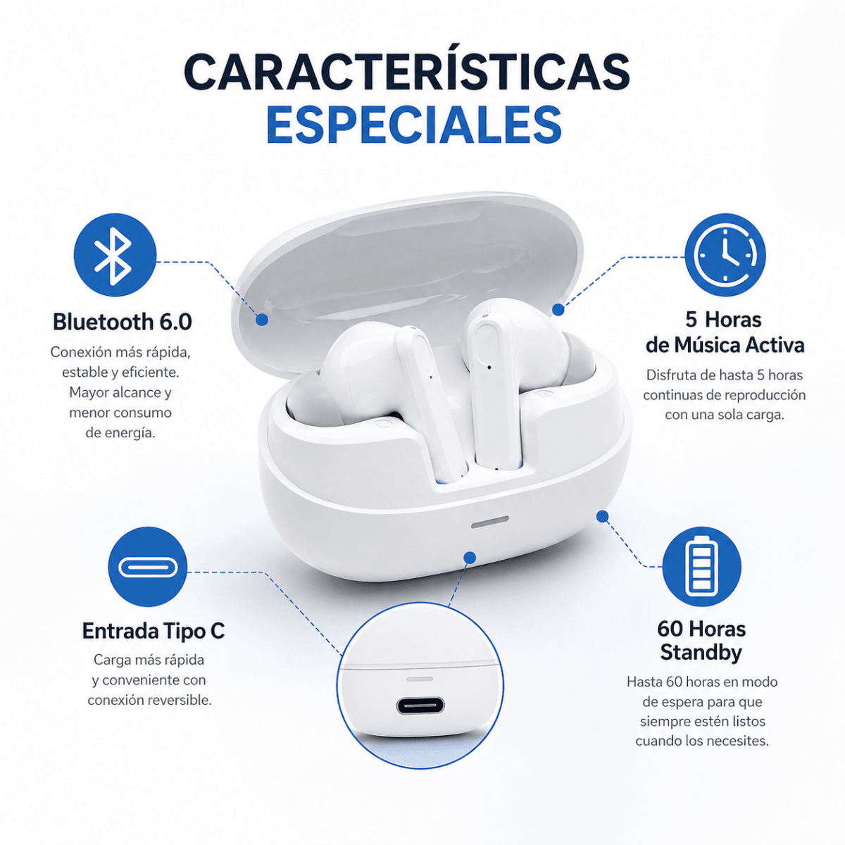 Audífono Bluetooth Inalámbrico Motomo MO-BL145 Blanco 5H Sonido HD4