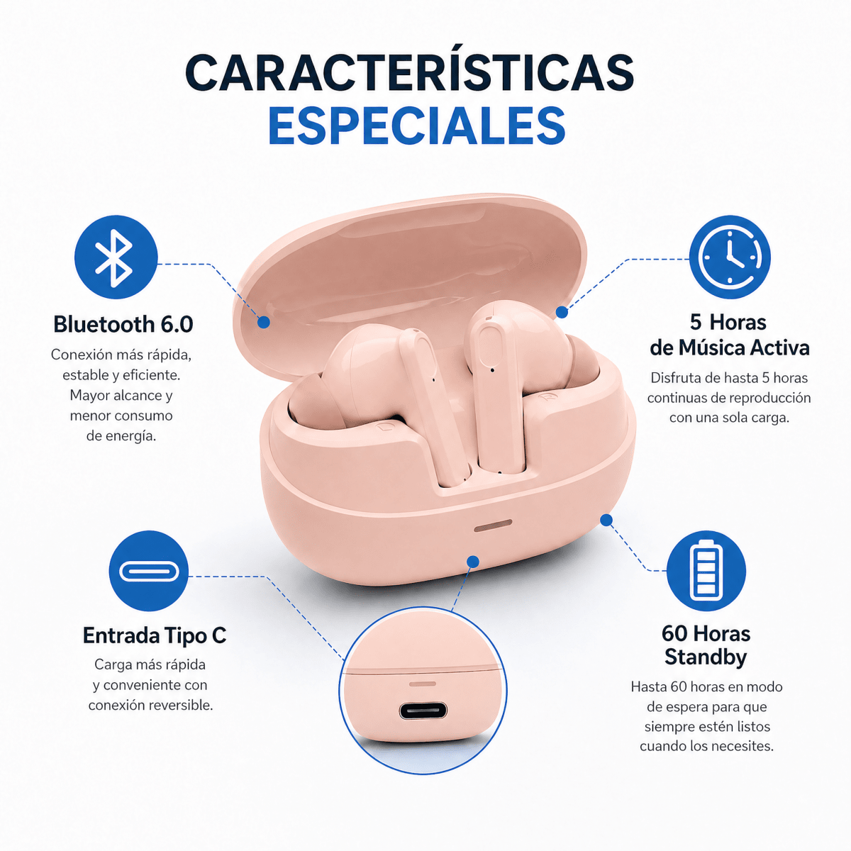 Audífono Bluetooth Inalámbrico Motomo MO-BL145 Rosa 5H Sonido HD4
