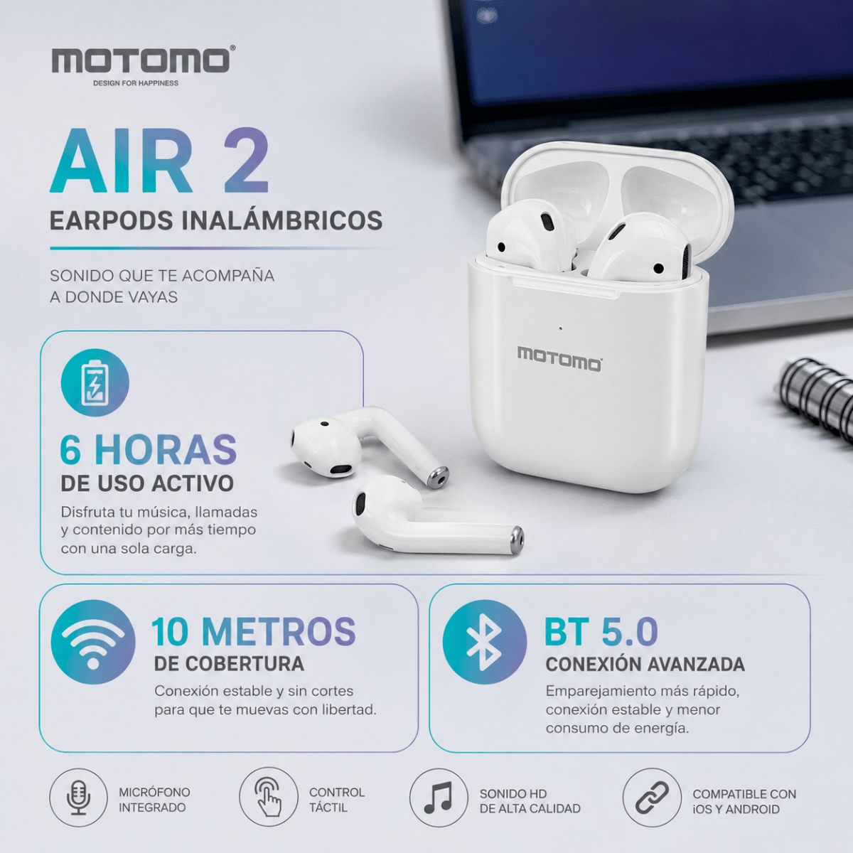 Audífono Inalámbrico BT Air 2 Cancelación Ruido 12h4