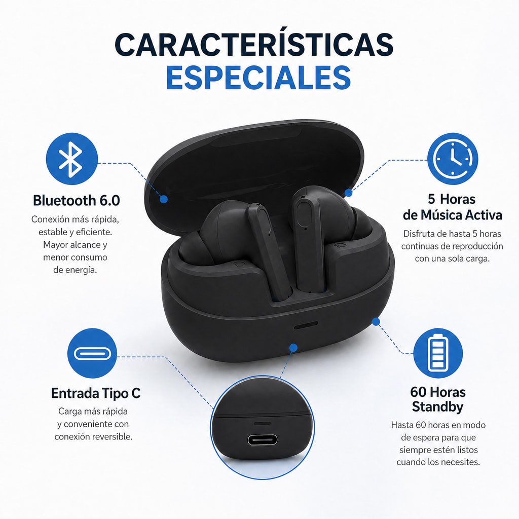 Audífono Bluetooth Inalámbrico Motomo MO-BL145 Negro 5H Sonido HD4
