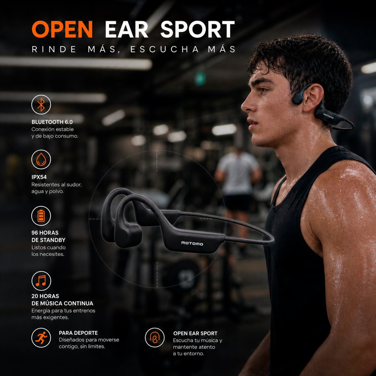 Auriculares deportivos, Resistentes a salpicaduras 20 Horas Negro4