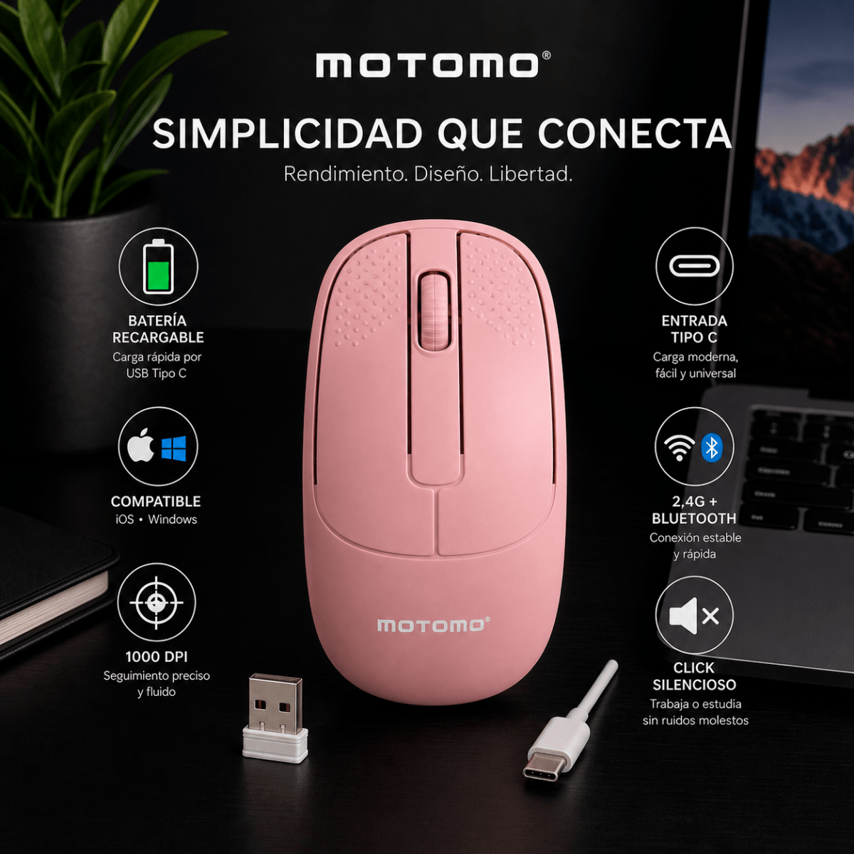 Mouse Inalámbrico Bluetooth 2.4G Recargable Silencioso Rosa4