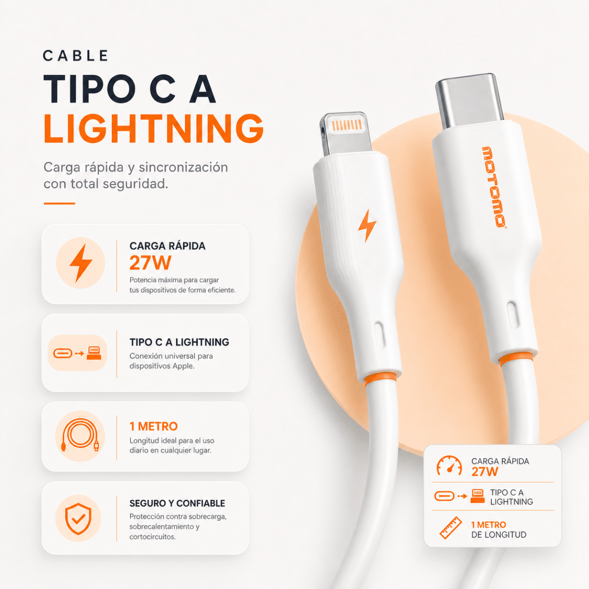 Cable Motomo Tipo-C a Lightning 27W Carga Rápida 1m3