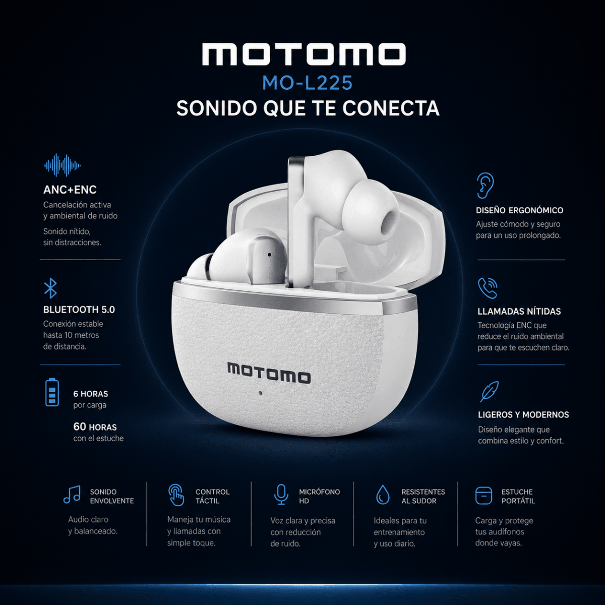 Audífonos In-ear Motomo MO-L225 ANC Blanco Bluetooth6