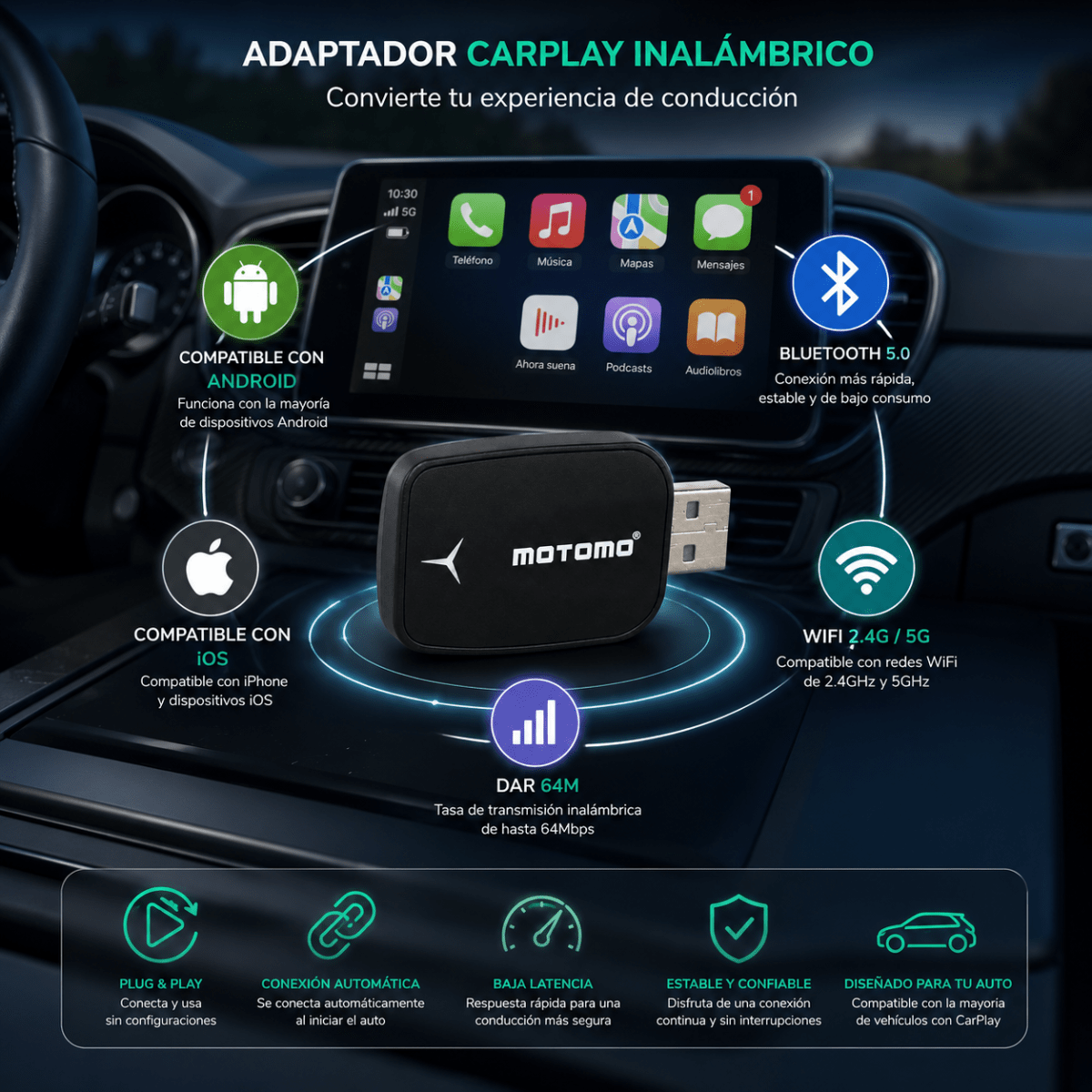 Adaptador CarPlay Inalámbrico Motomo3