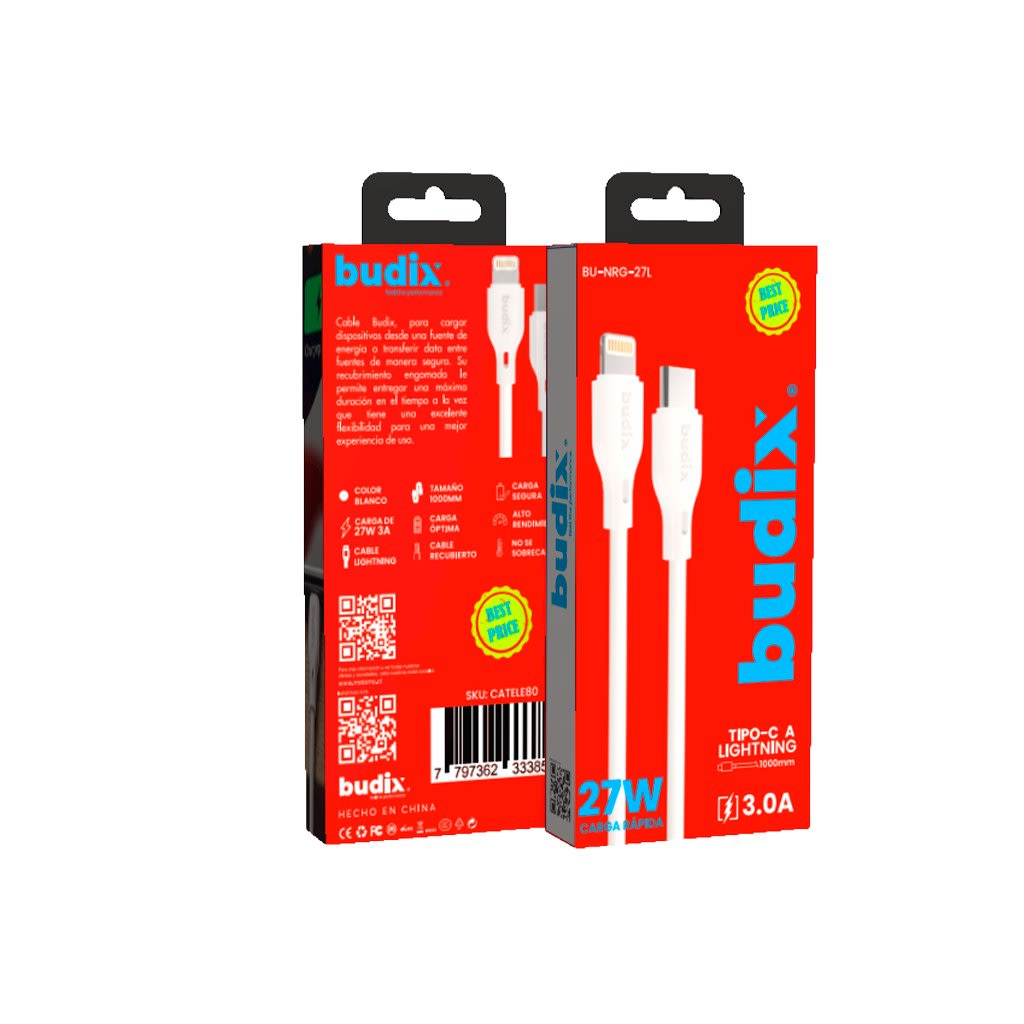 Cable Budix Usb-c A Lightning Carga Rápida 27w 3a 2m5