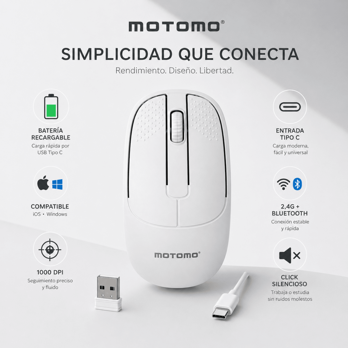 Mouse Inalámbrico Bluetooth 2.4G Recargable Silencioso Blanco4