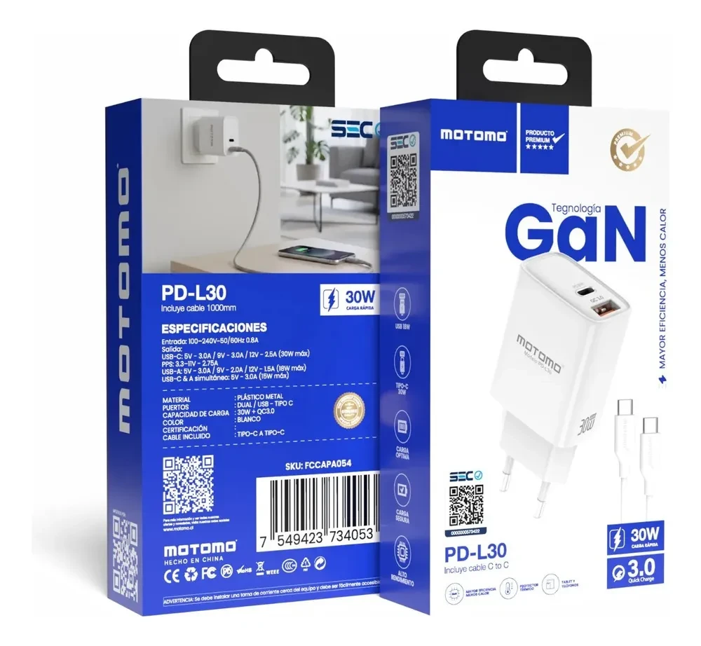 Cargador Rápido Certificado 30w Gan Con Cable Tipo C Blanco3