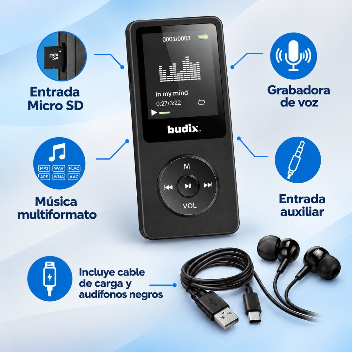 Reproductor MP3 Budix BU-MP3 Bluetooth Radio FM Micro SD5
