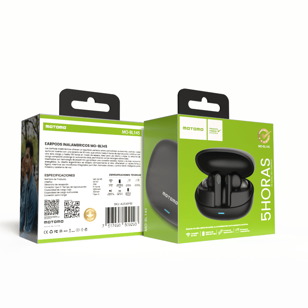 Audífono Bluetooth Inalámbrico Motomo MO-BL145 Negro 5H Sonido HD6