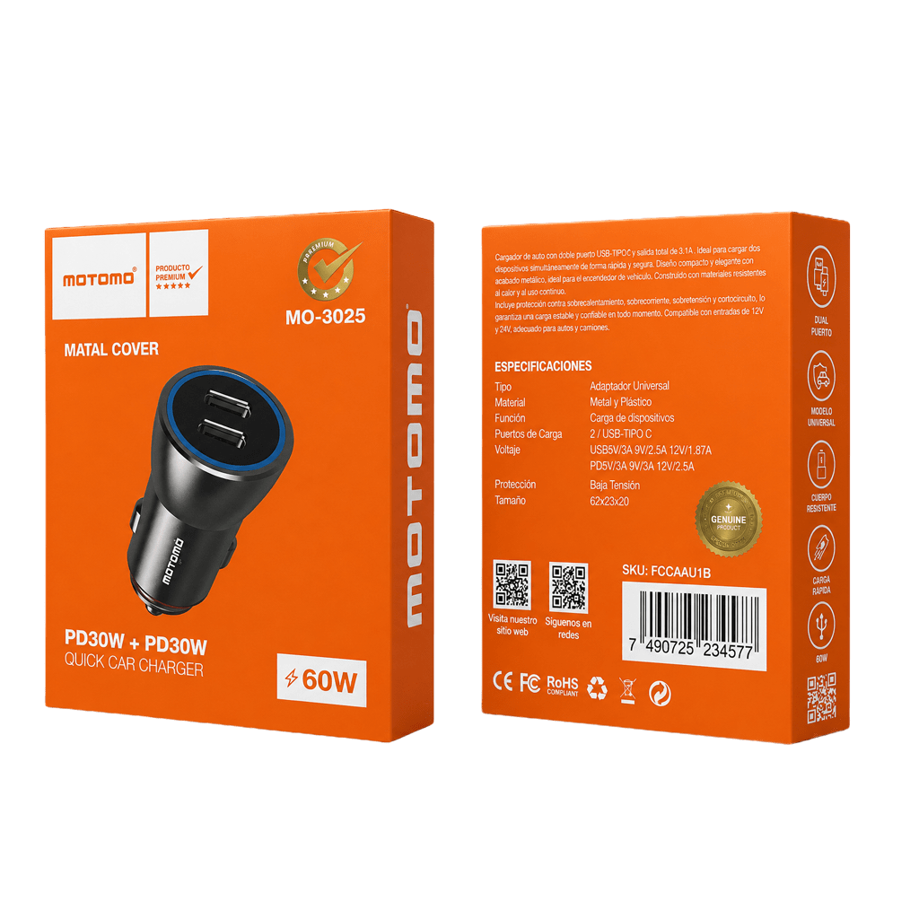 Cargador de Auto Motomo MO-3025 60W5