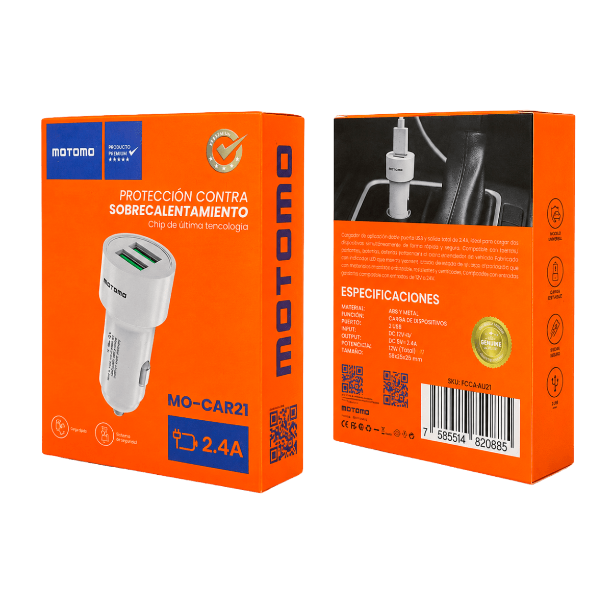 Cargador de Auto MO-CAR21 Doble USB 2.4A 12V-24V5