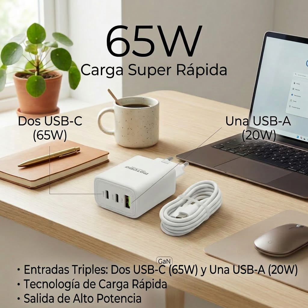 Cargador Rápido Certificado 65w Cable Tipo C Triple Puerto5