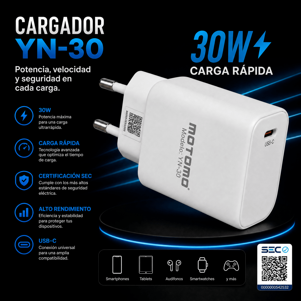Cargador Rápido GaN SEC 30W USB-C PD YN-30 Blanco4