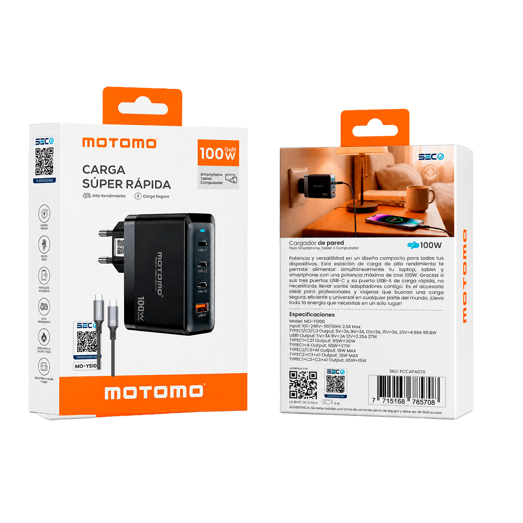 Cargador Pared 100W GaN 3 USB-C + USB-A MO-YS1005