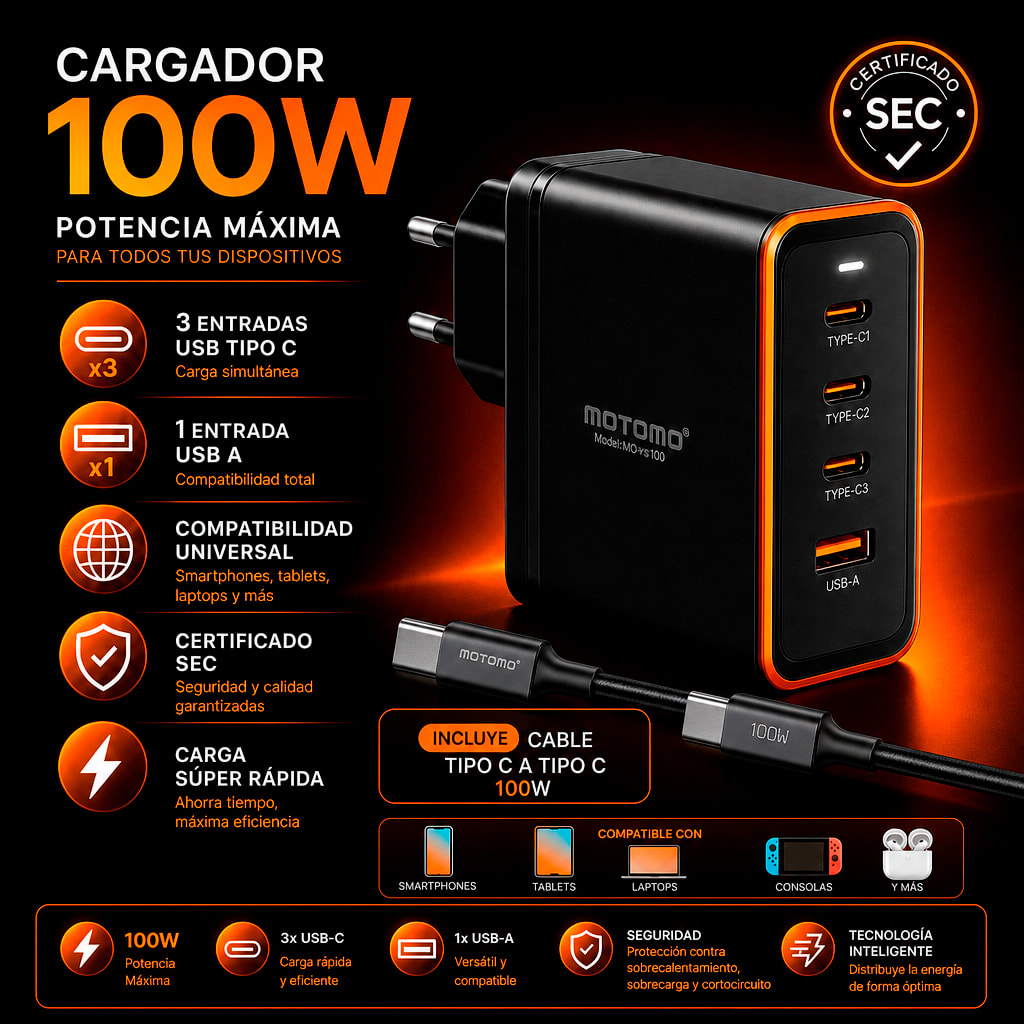 Cargador Pared 100W GaN 3 USB-C + USB-A MO-YS1004