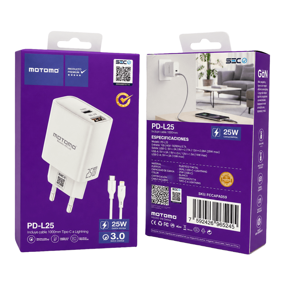 Cargador Rápido SEC PD-L25 25W GaN USB-C Lightning6