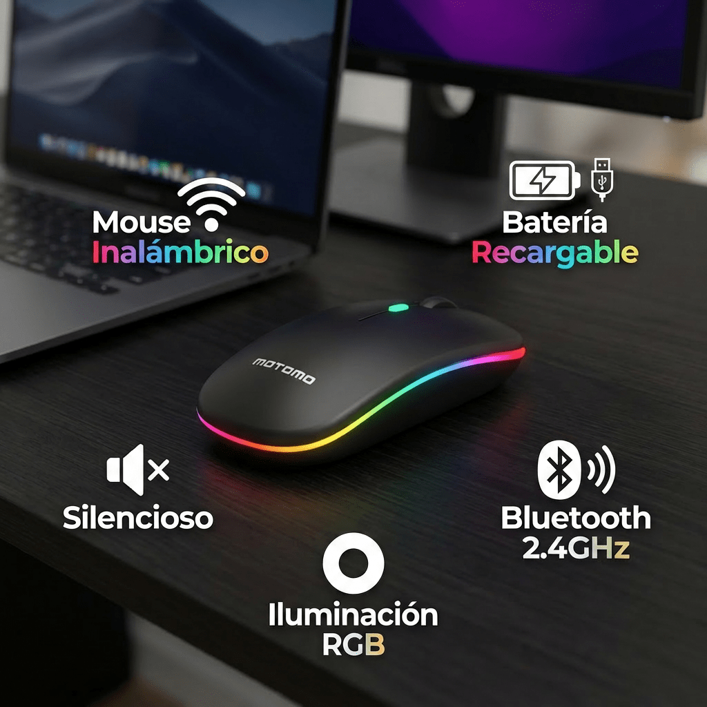 Mouse Inalámbrico Recargable RGB 1600DPI 2.4G Negro4