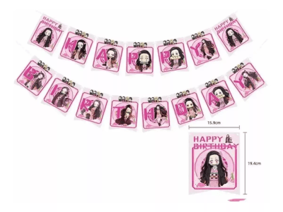 Banderín Happy Birthday Diseño Nezuko Kamado Decoración1