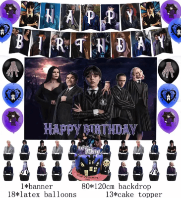 Kit Cumpleaños Decoración Merlina Familia + Tela De Fondo