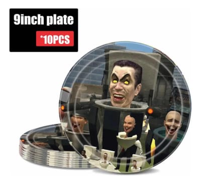 Pack 10 Platos Cumpleaños Decoración Skibidi Toilet 23 Cm