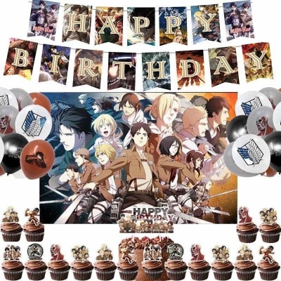 Kit Globos Decoración Cumpleaños Attack On Titan + Tela Fond1