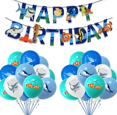 Kit Globos Decoración Banner Animales Marinos Cumpleaños