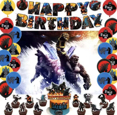 Kit Decoracion Cumpleaños Godzilla King Kong Tela Fondo