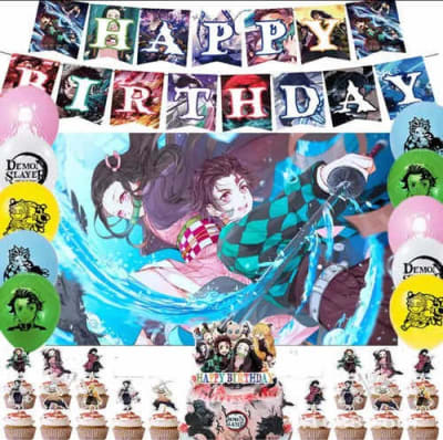 Kit Decoración Globos Cumpleaños + Tela Fondo Demon Slayer1