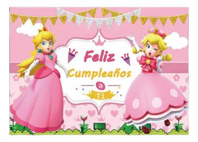 Tela Fondo Princesa Peach Feliz Cumpleaños Decoración Vinilo1