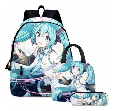 Mochila Escolar Diseño Hatsune Miku + Estuche + Lonchera V11