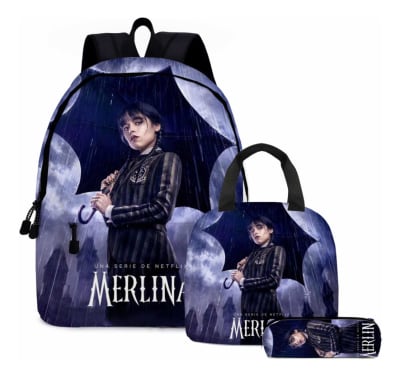 Mochila Escolar Diseño Merlina + Estuche + Lonchera Lluvia