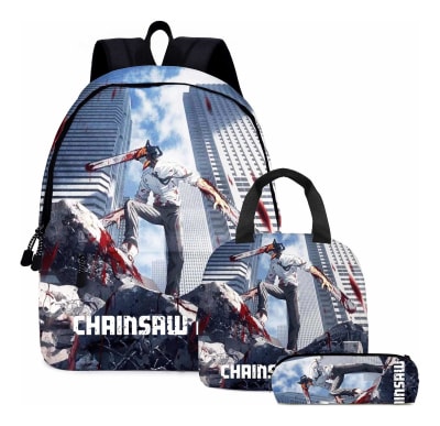 Mochila Escolar Diseño Chainsaw Man + Lonchera + Estuche