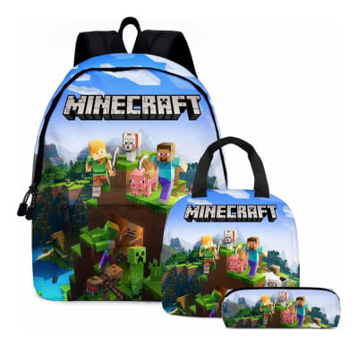 Mochila Escolar Diseño Minecraft + Estuche + Lonchera