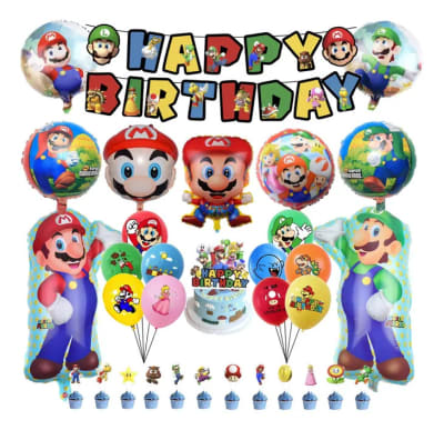 Kit Decoracion Cumpleaños Super Mario Globos Metalizados
