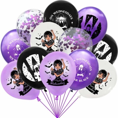 Pack 12 Globos Látex Diseño Cumpleaños Merlina Wednesday