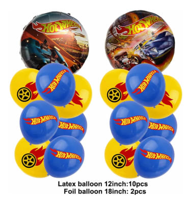 Pack 2 Globos Metalizados Y 10 Globos Látex Hot Wheels Happy