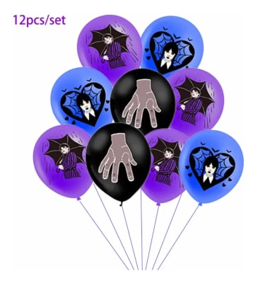 Pack 12 Globos Diseño Merlina Addams Dedos Nevermore Lluvia1
