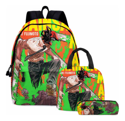 Mochila Escolar Diseño Chainsaw Man + Estuche + Lonchera