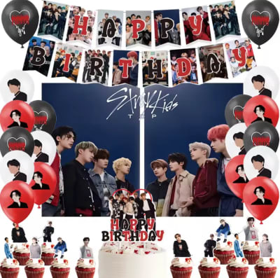 Kit Stray Kids Cumpleaños Banner Y Globos Kpop Con Tela