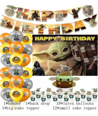 Kit Decoración Cumpleaños Baby Yoda + Tela De Fondo
